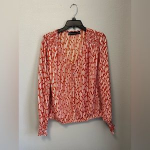 New York & Company Button Down Blouse Orange and white print